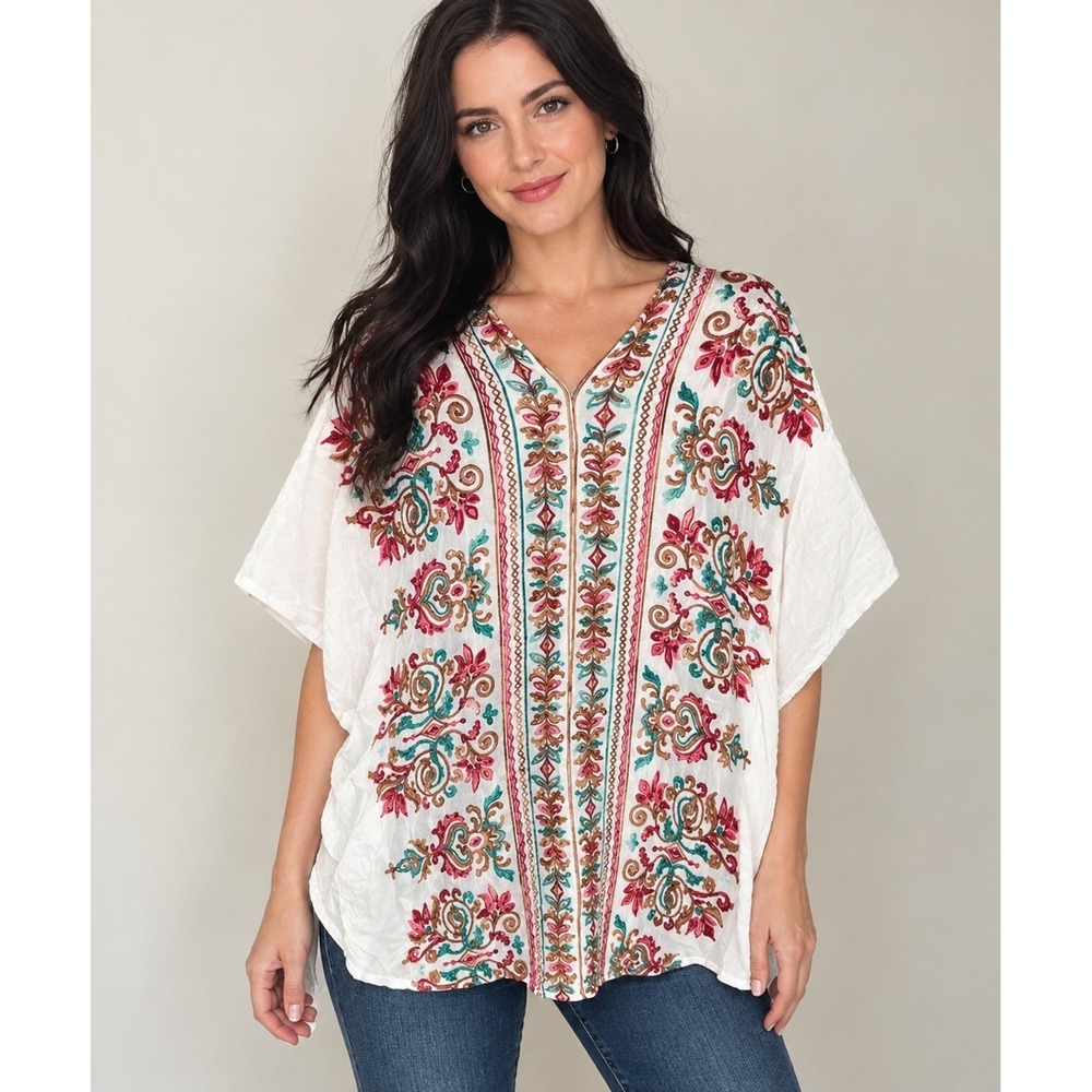 Umgee Embroidered Kimono Cardigan Top Floral Boho White Womens M/L